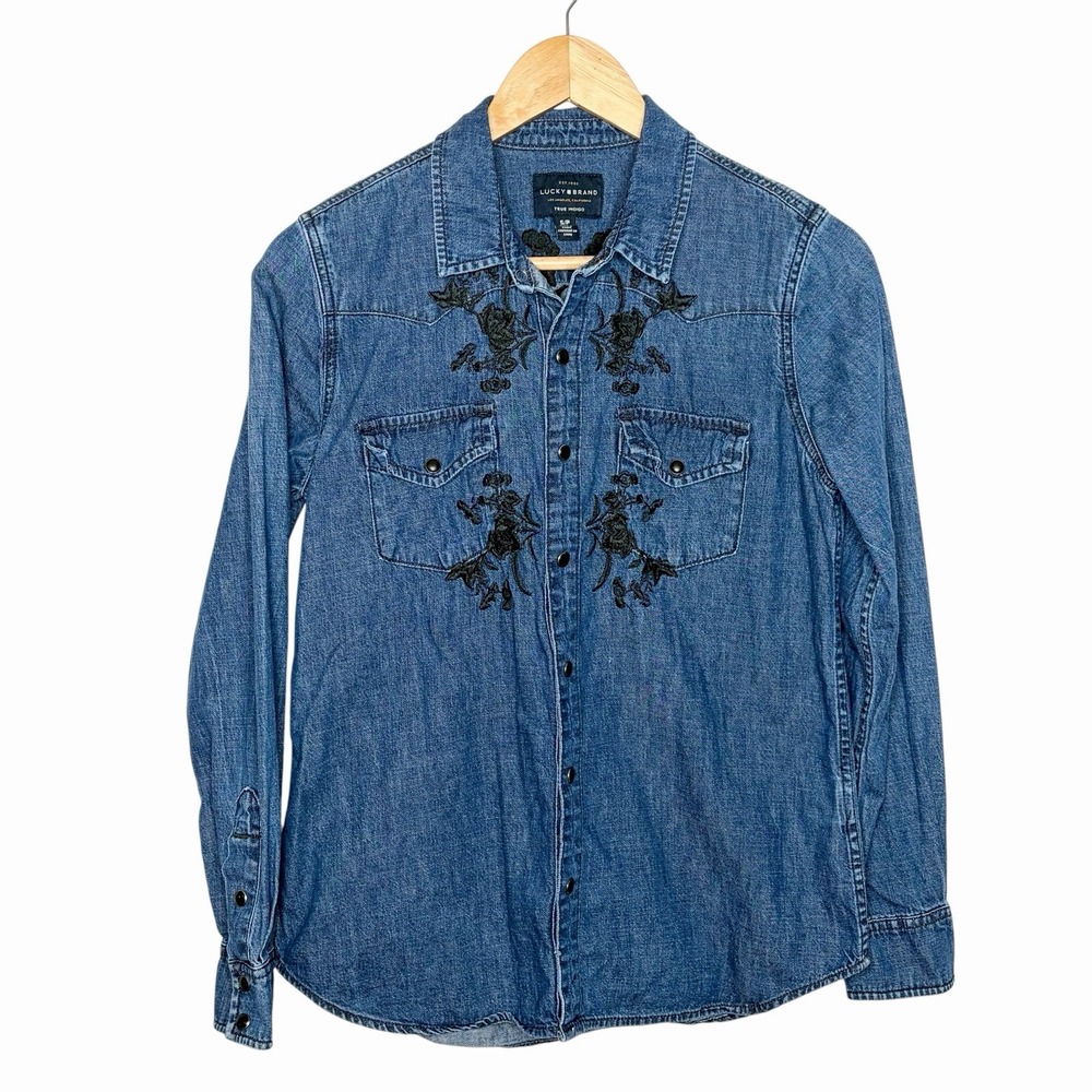Lucky Brand Embroidered Denim Pearl Snap Western Shirt Mens Small Rodeo Cowboy